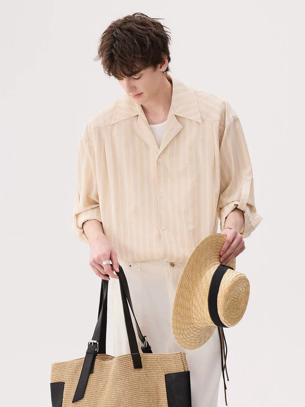 Striped Cuban Collar Long Sleeve Shirt 5