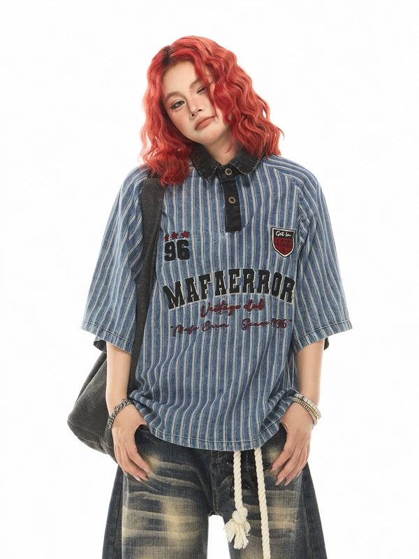 Striped Denim Polo Shirt with Embroidery 2