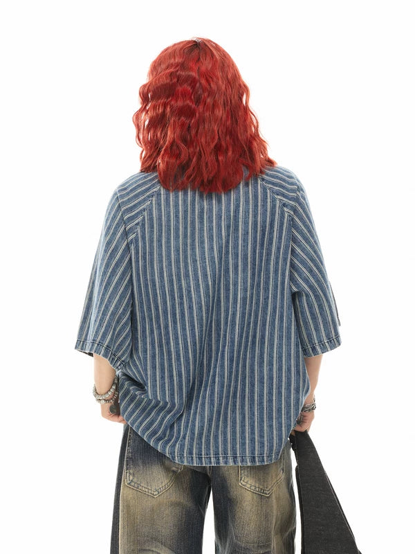 Striped Denim Polo Shirt with Embroidery 4