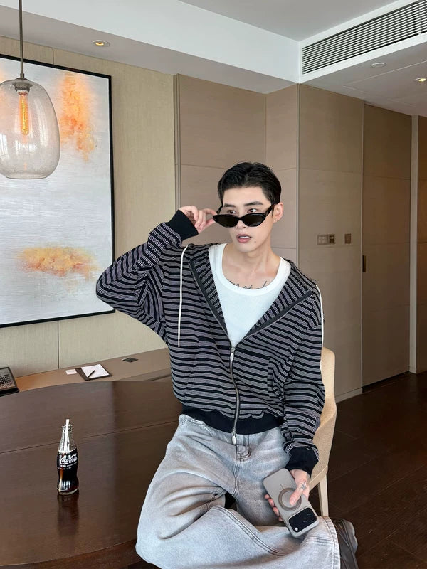 Striped Distressed Knit Zip-Up Hoodie 4