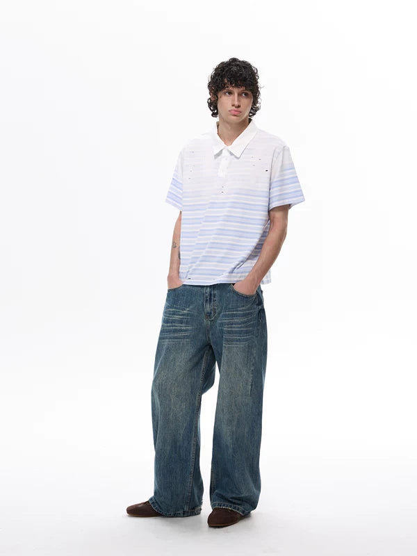 Striped Distressed Short Sleeve Polo Shirt 3