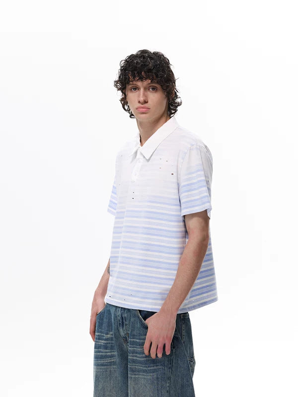 Striped Distressed Short Sleeve Polo Shirt 4