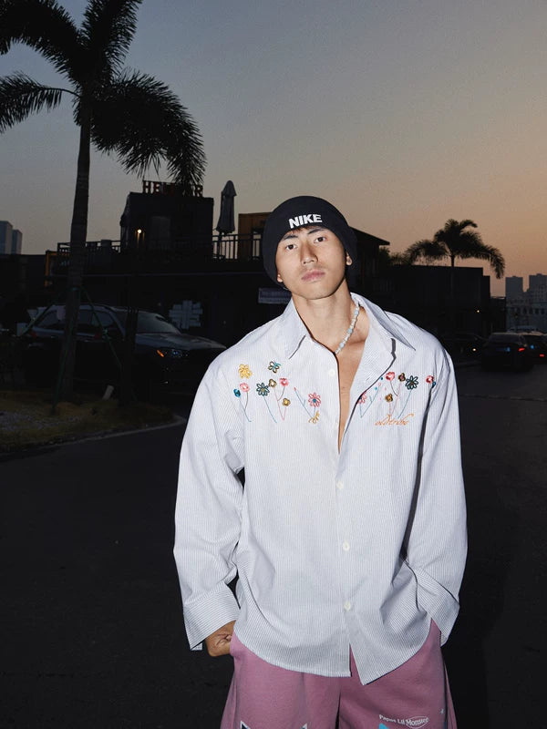 Striped Embroidered Floral Long-Sleeve Shirt 1