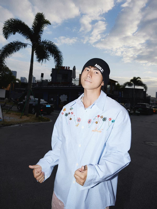 Striped Embroidered Floral Long-Sleeve Shirt 4