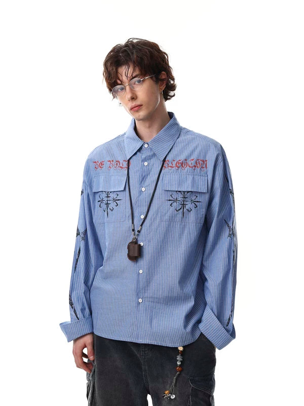 Striped Embroidered Long Sleeve Button Down Shirt 2