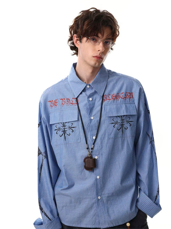 Striped Embroidered Long Sleeve Button Down Shirt 4
