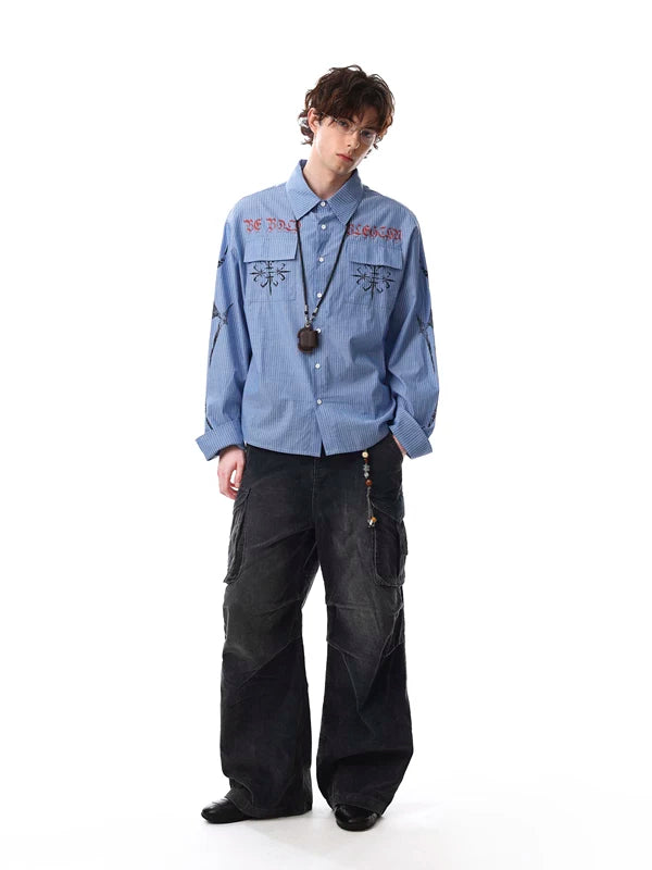 Striped Embroidered Long Sleeve Button Down Shirt 5