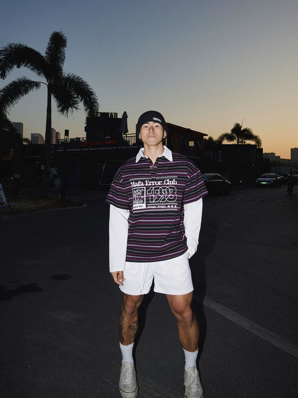 Striped Faux Layered Polo Collar Shirt 2