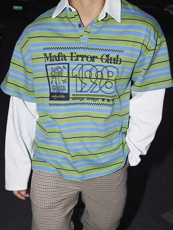 Striped Faux Layered Polo Collar Shirt 3
