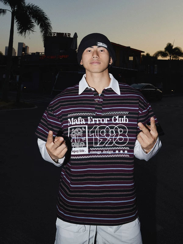 Striped Faux Layered Polo Collar Shirt 4