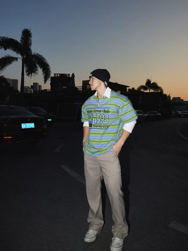 Striped Faux Layered Polo Collar Shirt 5