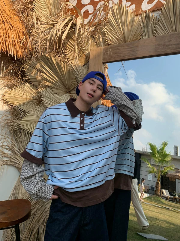 Striped Faux Layered Polo T-Shirt 2