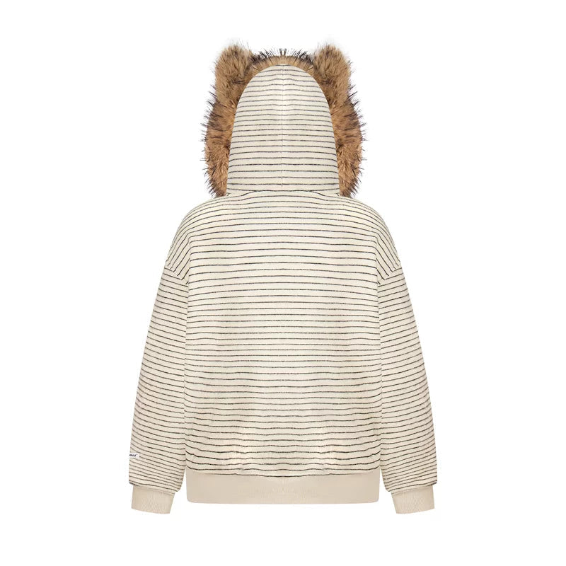 Striped Fleece Hoodie with Faux Fur Hood 2