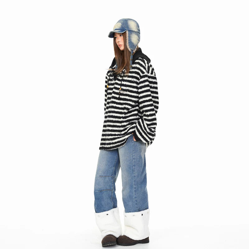 Striped Fuzzy Hooded Pullover Sweatshirt 4