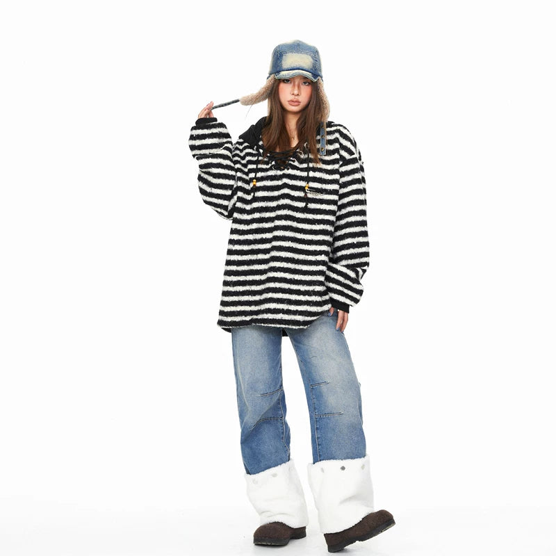 Striped Fuzzy Hooded Pullover Sweatshirt 5