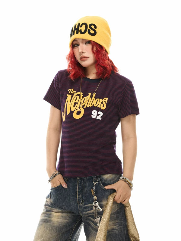 Striped Graphic Letter Print Slim Fit T-Shirt 2