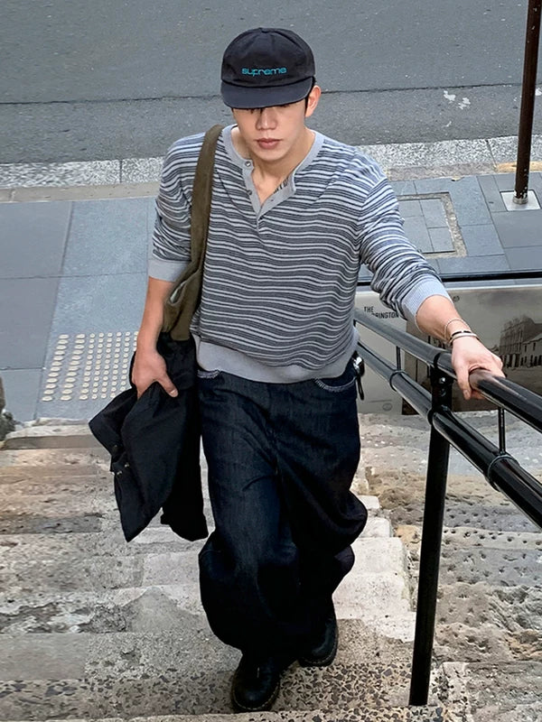 Striped Henley Collar Knit Sweater 2