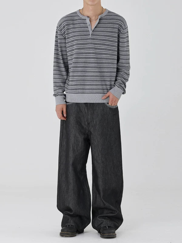 Striped Henley Collar Knit Sweater 4