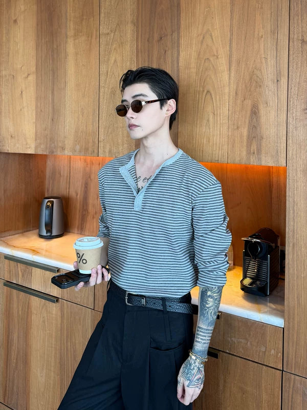 Striped Henley Long Sleeve Pullover Top 3