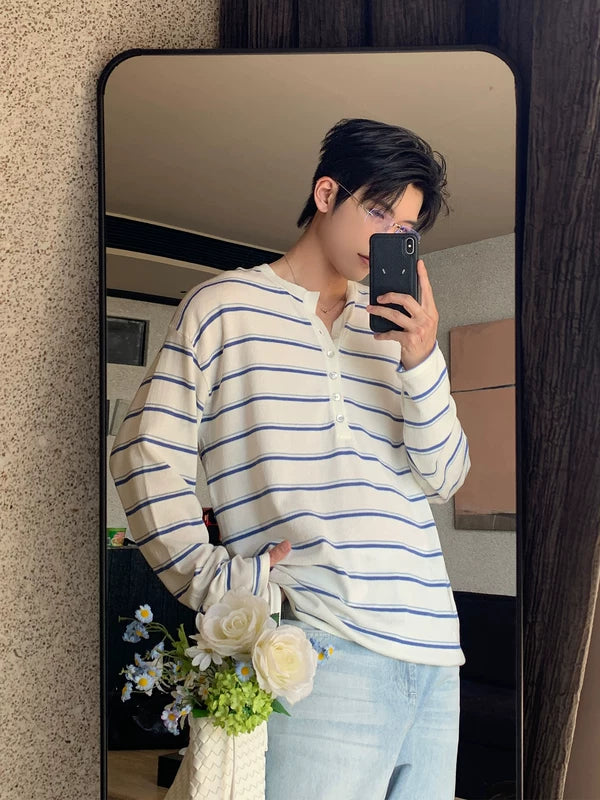 Striped Henley Long Sleeve T-Shirt 1