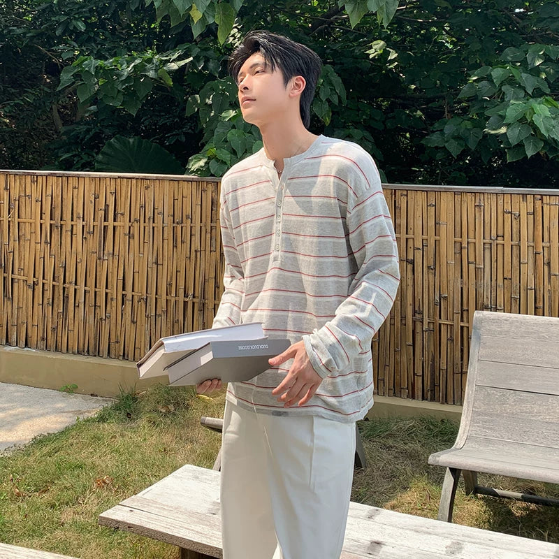 6042677772533,6042677772534,6042677772535,6042677772536, Striped Henley Long Sleeve T-Shirt