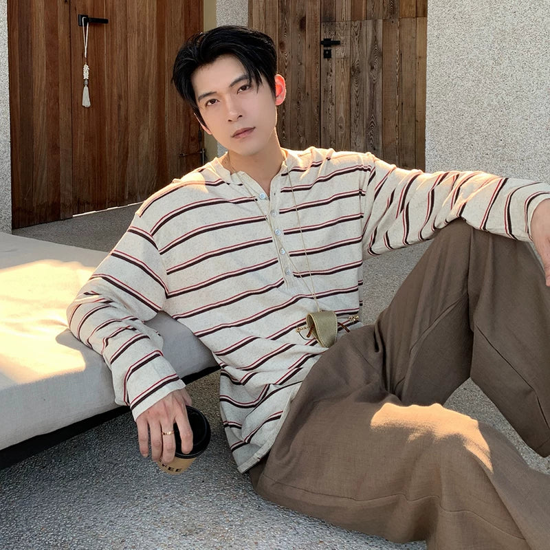 6042677772537,6042677772538,6042677772539,6042677772540, Striped Henley Long Sleeve T-Shirt