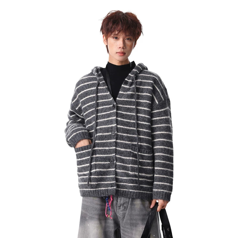 Striped Hooded Button-Up Knit Sweater 4