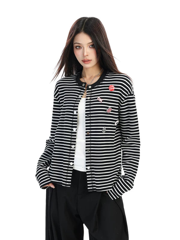 Striped Knit Cardigan with Badge Details 2