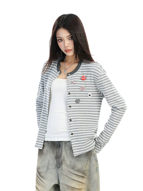Striped Knit Cardigan with Badge Details 5