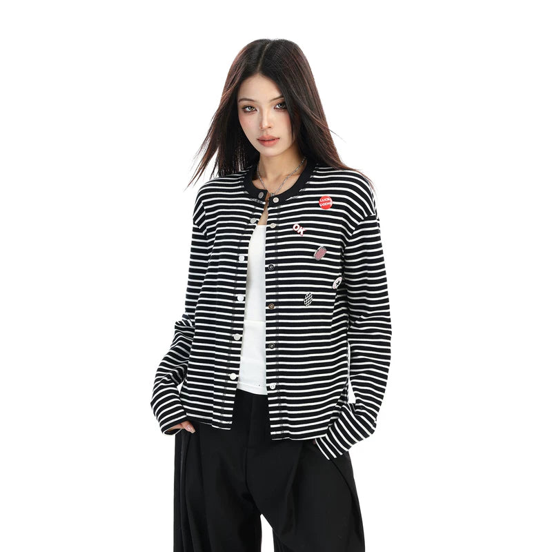 6026893988706,6026893988707,6026893988708, Striped Knit Cardigan with Badge Details