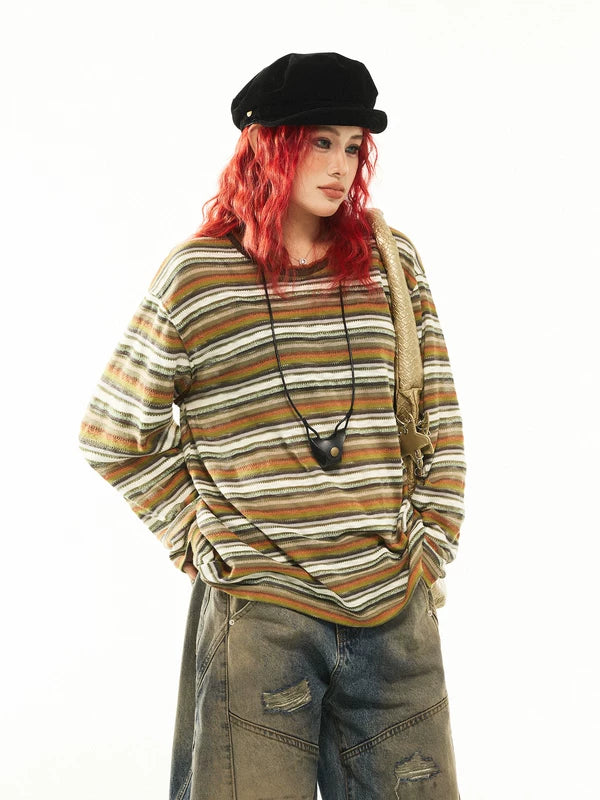 Striped Knit Long Sleeve T-Shirt Top 2