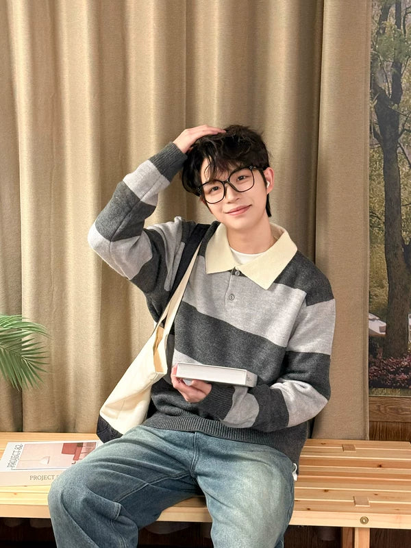 1627207:28334,6168364679185,1627207:28334,6168364679184,1627207:28334,6168364679183,6168364679185,6168364679184,6168364679183, Striped Knit Polo Collar Sweater