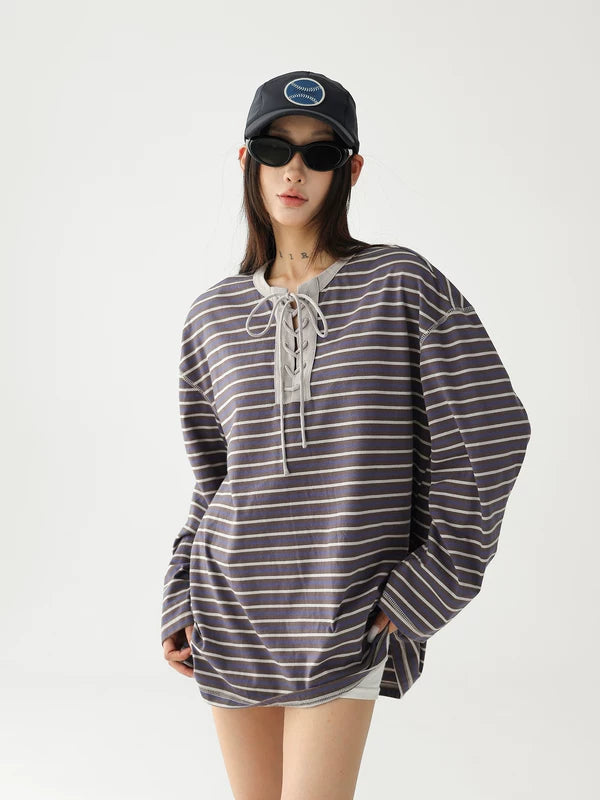 alt_id_1090745924, Striped Lace-Up Long Sleeve Knit Pullover