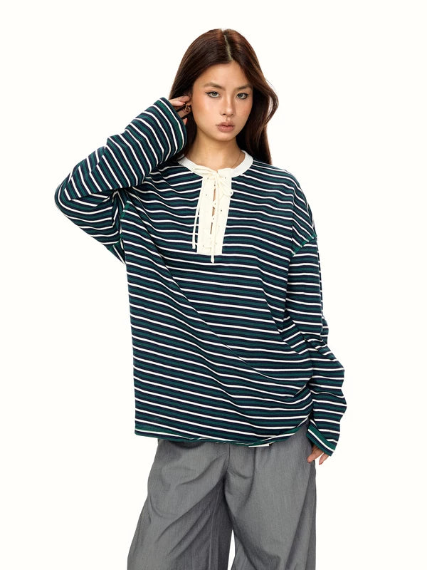 Striped Lace-Up Long Sleeve Pullover Top 3