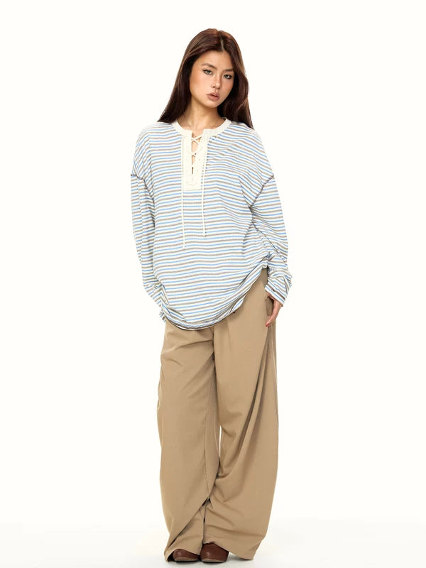 Striped Lace-Up Long Sleeve Pullover Top 4