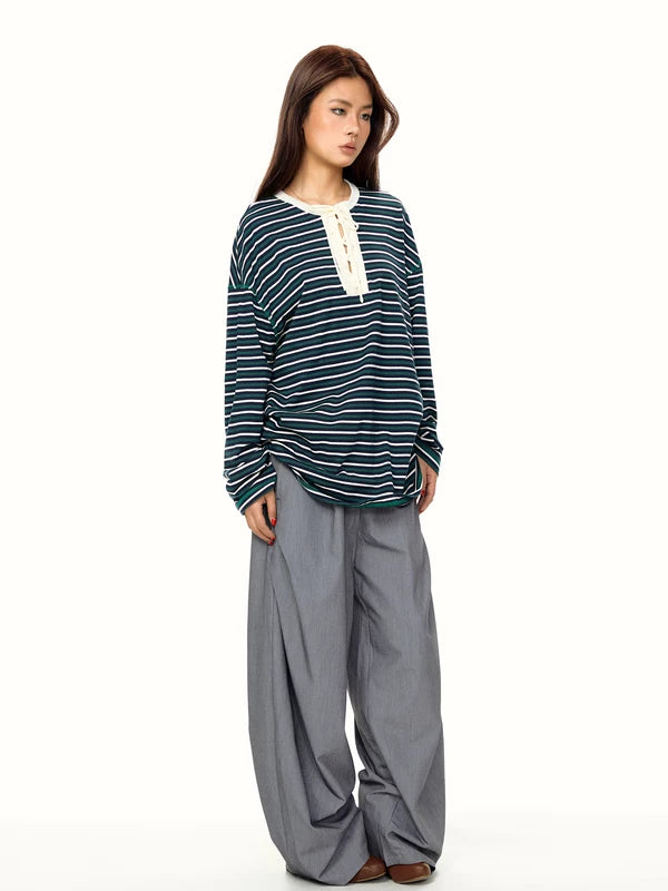 Striped Lace-Up Long Sleeve Pullover Top 5