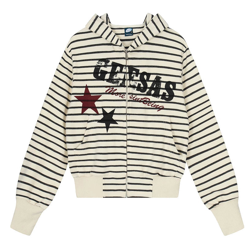 1627207:30155,6010061308411,1627207:30155,6010061308410,1627207:30155,6010061308409,6010061308411,6010061308410,6010061308409, Striped Letter Print Zip Up Hoodie