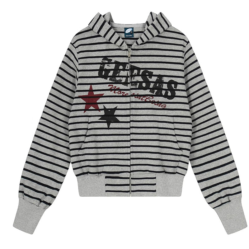 1627207:28334,6010061308413,1627207:28334,6010061308412,1627207:28334,6010061308414,6010061308413,6010061308412,6010061308414, Striped Letter Print Zip Up Hoodie