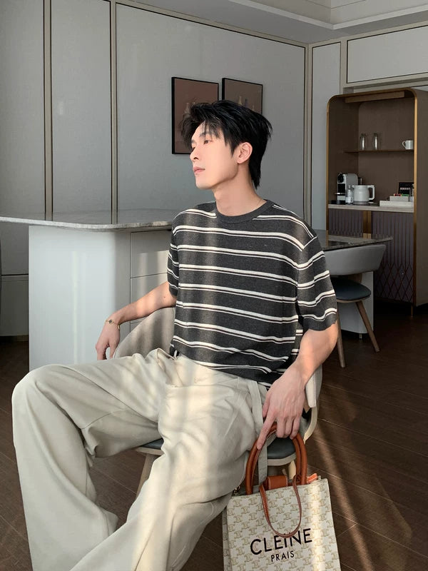 Striped Linen Knit Short-Sleeve T-Shirt 2