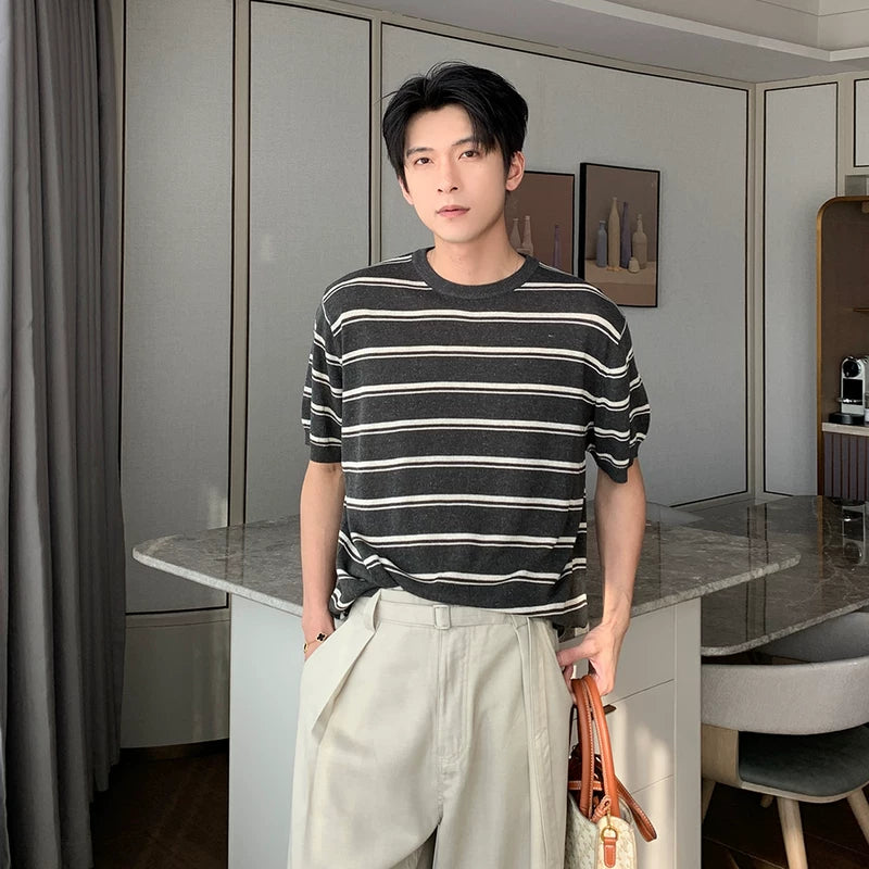 6201301367637,6201301367638,6201301367639, Striped Linen Knit Short-Sleeve T-Shirt