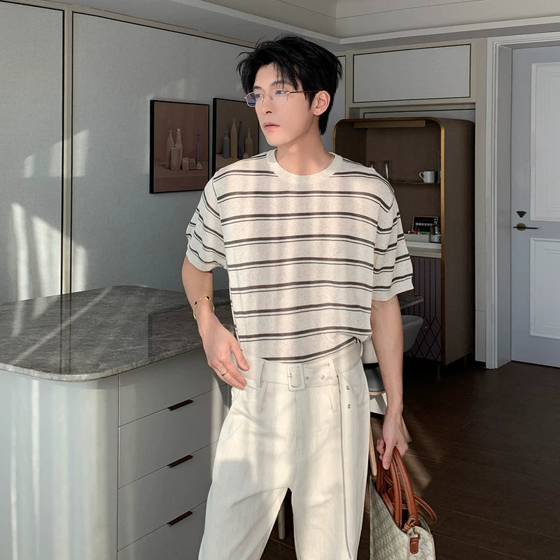 6201301367643,6201301367644,6201301367645, Striped Linen Knit Short-Sleeve T-Shirt