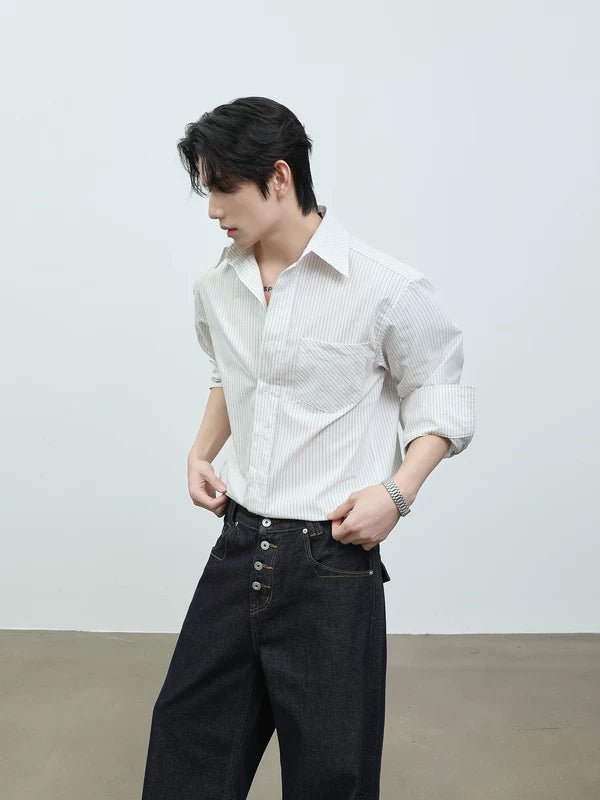 Striped Long-Sleeve Button-Up Shirt Loose Fit 2
