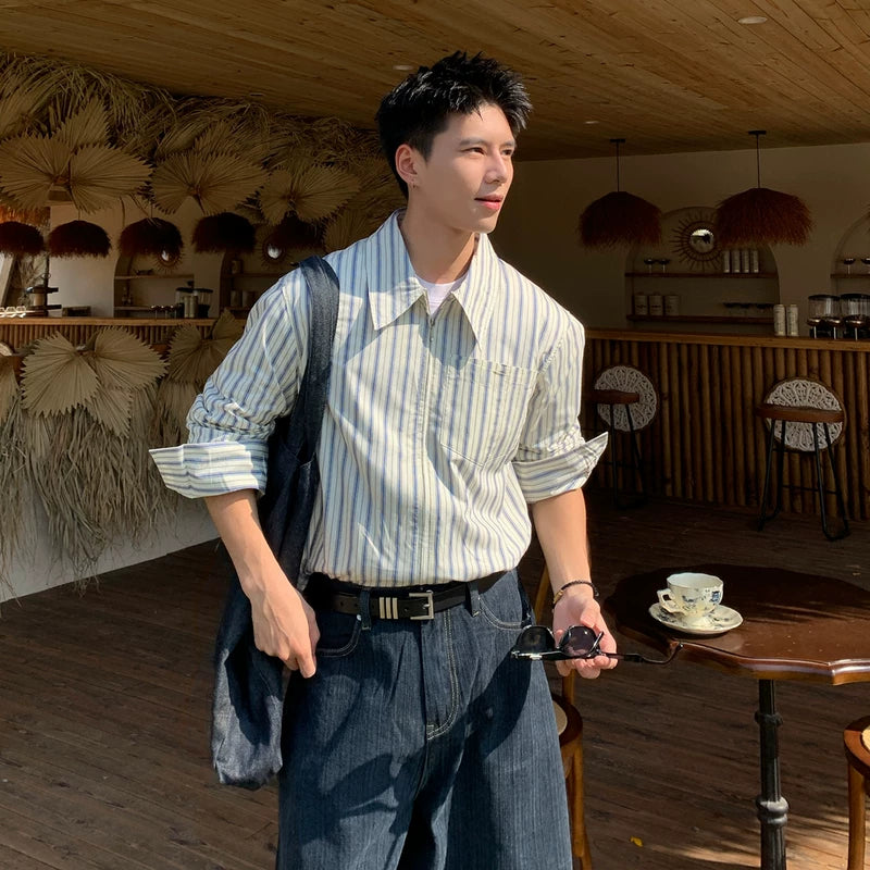 6183615906348,6183615906349,6183615906350,6183615906351, Striped Long Sleeve Casual Zip Shirt