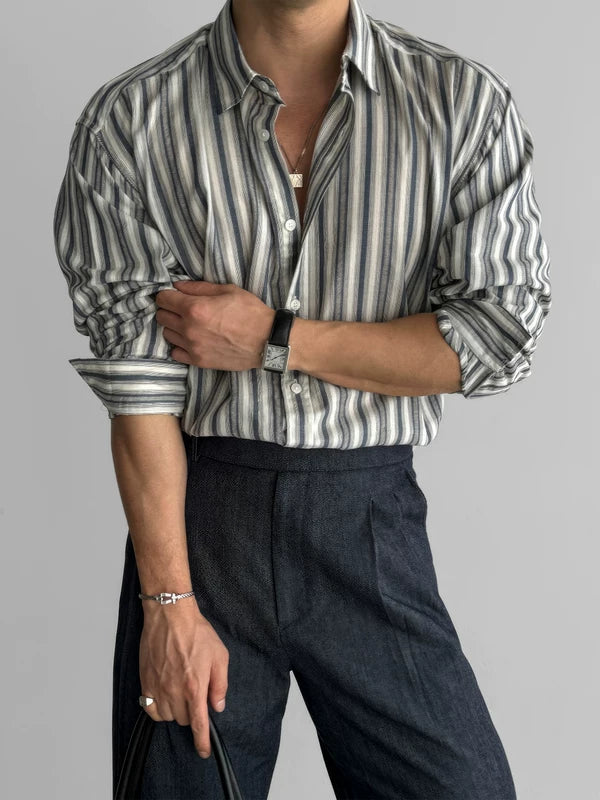 Striped Long Sleeve Collared Button-Up Shirt 1