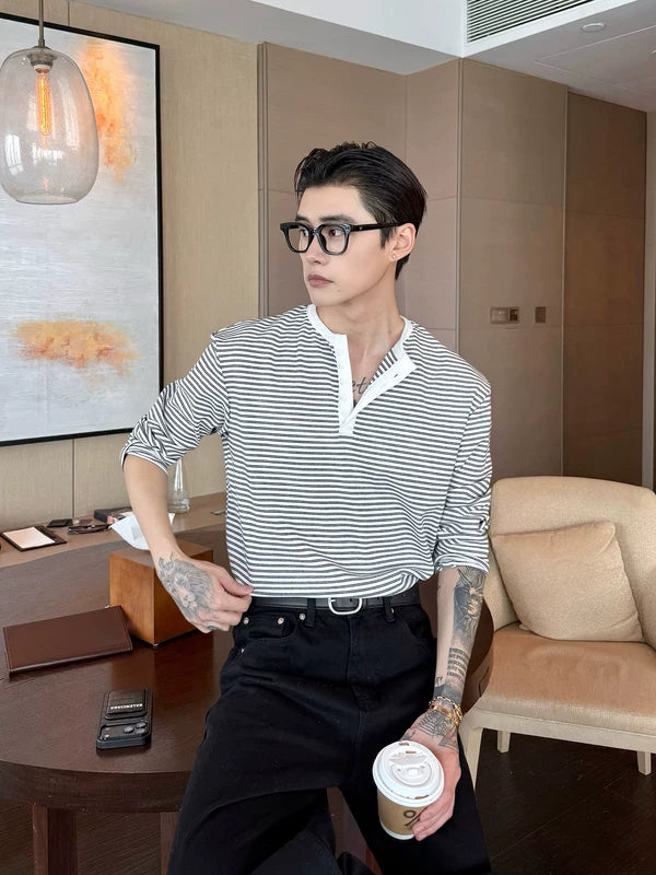 Striped Long Sleeve Henley Pullover Top 2