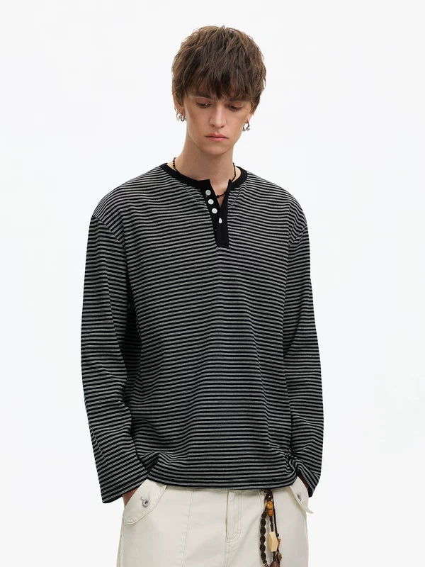 Striped Long-Sleeve Henley T-Shirt 2