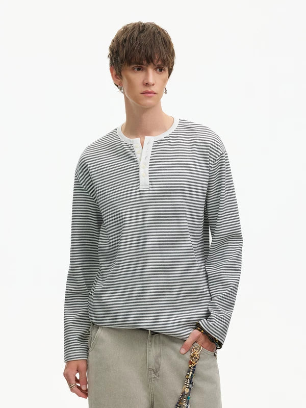 Striped Long-Sleeve Henley T-Shirt 3