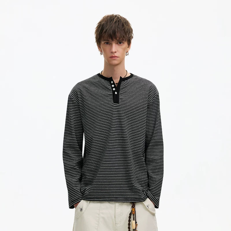 6027967725165,6027967725166,6027967725167,6027967725168, Striped Long-Sleeve Henley T-Shirt