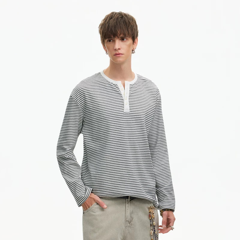 6027967725169,6027967725170,6027967725171,6027967725172, Striped Long-Sleeve Henley T-Shirt