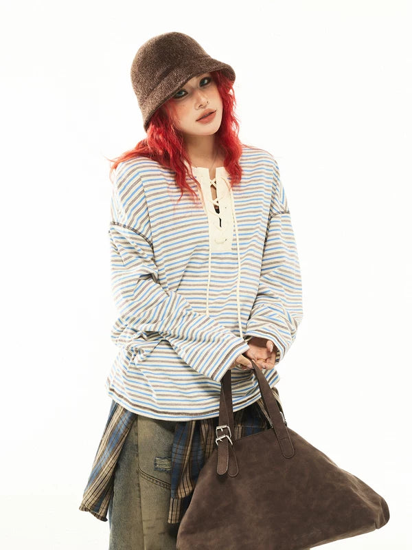 Striped Long-Sleeve Lace-Up Hoodie 2